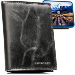 Pionowy, skórzany portfel męski w czarnym kolorze bez zapięcia zewnętrznego - Peterson. Czarne portfele Peterson, bez wzorów, ze skóry. Za 79.99 zł.