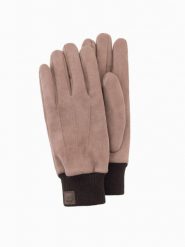 Rękawiczki męskie z ekozamszu ze ściągaczem – brązowe V2 - Rozmiar: one size. Brązowe rękawiczki Ombre Clothing, z aplikacjami, z elastanu. W wyprzedaży za 82.49 zł.
