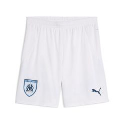 Męskie szorty Olympique Marsylia 24/25 PUMA White Bleu Azur Blue. Białe szorty Puma, m, w ażurowe wzory, sportowe. W wyprzedaży za 150.35 zł.