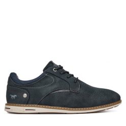 Półbuty Mustang. Niebieskie eleganckie półbuty Mustang, bez wzorów, bez obcasa, bez zapięcia. Za 269.99 zł.