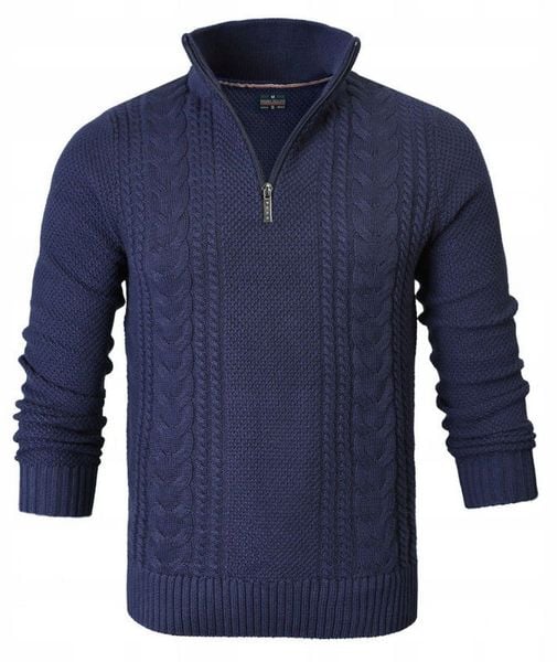 Bawełniany Sweter na Zamek, Wysoki Kołnierz - Pako Jeans - Granatowy. Niebieskie swetry rozpinane Pako Jeans, na wiosnę, l, bez wzorów, z bawełny, bez kołnierzyka, bez ramiączek. Za 195.00 zł.