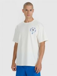 4F T-shirt oversize z nadrukiem męski - beżowy XXL. Brązowe t-shirty 4F, m, bez wzorów, z bawełny, bez kołnierzyka, bez ramiączek. W wyprzedaży za 59.99 zł.
