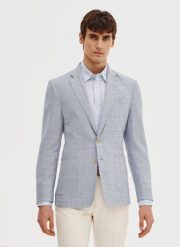 PAKO LORENTE – Niebieska marynarka z lnu w kratkę. Niebieskie garnitury Pako Lorente, na co dzień, m, bez wzorów, z bawełny. Za 549.99 zł.