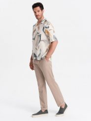 Męskie podwijane spodnie chino z dodatkiem lnu – jasnobrązowe V3 OM-PACP-0198 - XXL. Brązowe eleganckie spodnie Ombre Clothing, na co dzień, na lato, l, z bawełny, casualowe. Za 209.99 zł.