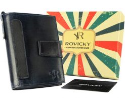 Portfel granatowy Rovicky N1227-RHP-6750 NAVY. Niebieskie portfele ROVICKY, bez wzorów, ze skóry. Za 91.99 zł.