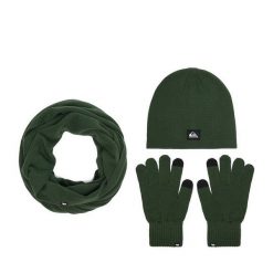 Komplet czapka, komin i rękawiczki Quiksilver. Zielone czapki zimowe Quiksilver, bez wzorów. Za 139.99 zł.