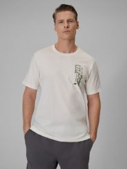 4F T-shirt regular z nadrukiem męski - beżowy S. Brązowe t-shirty 4F, m, bez wzorów, z bawełny, bez kołnierzyka, bez ramiączek. Za 49.99 zł.