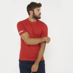 Dorosły Sportowa Koszulka Bawełniana ARIA Czerwona. Czerwone t-shirty sportowe Legea, bez wzorów, z bawełny, bez ramiączek, na fitness i siłownię. Za 52.00 zł.