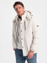 Zimowa kurtka męska z odpinanym kapturem i kieszeniami cargo - kremowa V2 OM-JAHP-0152 - XXL. Białe kurtki Ombre Clothing, na zimę, l, bez wzorów. W wyprzedaży za 259.99 zł.