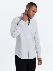 Bawełniana koszula męska Oxford z kieszonką REGULAR – szara V2 OM-SHOS-0108 - L. Szare koszule Ombre Clothing, l, z aplikacjami, z bawełny, bez kołnierzyka, bez ramiączek. W wyprzedaży za 49.99 zł.