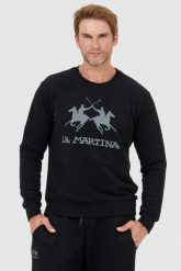 LA MARTINA Czarna bluza męska z szarym logo. Czarne bluzy La Martina, l, bez wzorów, bez kaptura. W wyprzedaży za 309.99 zł.