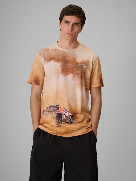 4F T-shirt regular z nadrukiem męski - beżowy L. Brązowe t-shirty 4F, l, bez wzorów, z materiału, bez kołnierzyka, bez ramiączek. Za 99.99 zł.