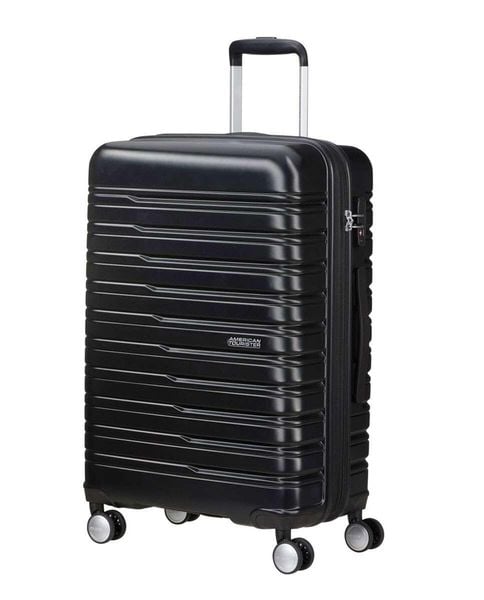 Walizka podróżna American Tourister Flashline Spinner 67 75. Czarne walizki American Tourister, bez wzorów, z materiału. Za 439.99 zł.