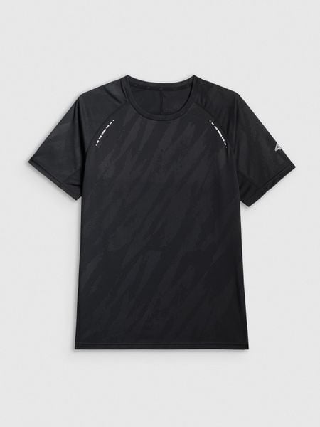 4F Koszulka do biegania szybkoschnąca męska - czarna L. Czarne t-shirty 4F, l, bez wzorów, z tkaniny, bez kołnierzyka, bez ramiączek. Za 129.99 zł.