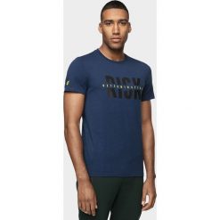 T-shirt męski TSM008 - ciemny granat melanż. Szare t-shirty 4F, bez wzorów, bez kołnierzyka, bez ramiączek. W wyprzedaży za 49.99 zł.