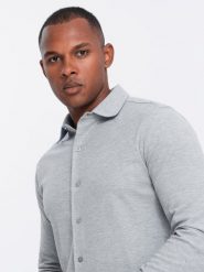 Męska koszula dzianinowa SLIM FIT z długim rękawem – szara V5 OM-SHCS-0177 - XXL. Czarne koszule Ombre Clothing, l, bez wzorów, z bawełny, bez kołnierzyka, bez ramiączek. W wyprzedaży za 109.99 zł.