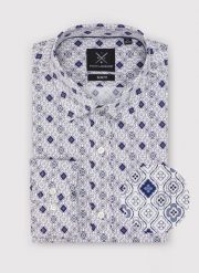 PAKO LORENTE – Męska koszula w kolorze białym w granatowy wzór. Białe koszule Pako Lorente, m, bez wzorów, z bawełny, bez kołnierzyka, bez ramiączek. Za 79.99 zł.