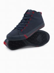 Buty męskie trampki z kontrastującymi elementami - granatowe V3 OM-FOTH-0125 - 45. Niebieskie trampki Ombre Clothing, m, bez wzorów, za kostkę, bez zapięcia. Za 179.99 zł.