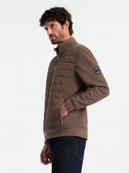 Lekka rozpinana męska kurtka z pikowanym przodem – brązowa V3 OM-JANP-0193 - XXL. Brązowe kurtki Ombre Clothing, l, bez wzorów, z bawełny, bez kaptura. Za 155.99 zł.