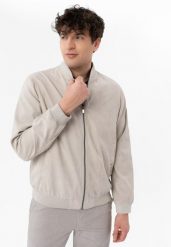 Zamszowa bomberka J-SAMOS. Szare kurtki Volcano, na wiosnę, l, bez wzorów, z dzianiny, bez kaptura. Za 279.99 zł.