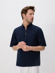 Koszula comfort z dodatkiem lnu - granatowy. Niebieskie koszule Reserved, l, bez wzorów, z tkaniny, bez kołnierzyka, bez ramiączek. Za 129.99 zł.