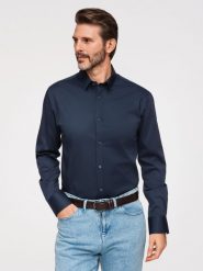 Klasyczna męska koszula SLIM FIT z satynowej tkaniny – granatowa V3 - Rozmiar: XXL. Niebieskie koszule Ombre Clothing, m, bez wzorów, z bawełny, bez kołnierzyka, bez ramiączek. W wyprzedaży za 202.99 zł.