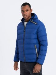 Kurtka męska pikowana z kontrastowymi zamkami - indygo V4 - Rozmiar: L. Kurtki Ombre Clothing, l, bez wzorów, z kapturem. W wyprzedaży za 99.99 zł.