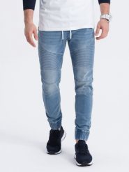 Spodnie męskie joggery jeansowe z przeszyciami - niebieskie V2 OM-PADJ-0113 - L. Niebieskie joggery i bojówki Ombre Clothing, l, bez wzorów, z bawełny. W wyprzedaży za 89.99 zł.