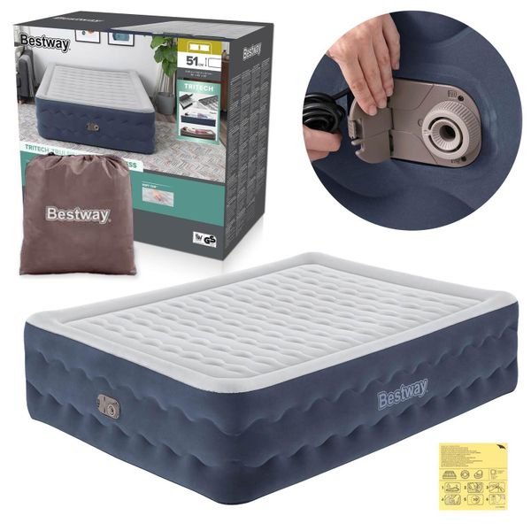 Materac dmuchany dwuosobowy Bestway Premium łóżko do spania z pompką 230V. Niebieskie piżamy Bestway, m, bez wzorów, z materiału, bez ramiączek. Za 283.99 zł.