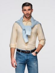 Pastelowa bawełniana męska koszula typu oxford – jasnożółta V3 - Rozmiar: XXL. Żółte koszule Ombre Clothing, m, z aplikacjami, z bawełny, bez kołnierzyka, bez ramiączek. Za 179.99 zł.