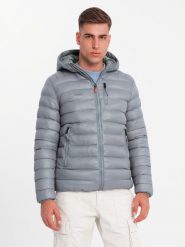 Kurtka męska pikowana z kapturem - szara V2 - Rozmiar: M. Szare kurtki Ombre Clothing, m, bez wzorów, z nylonu, z kapturem. W wyprzedaży za 119.99 zł.