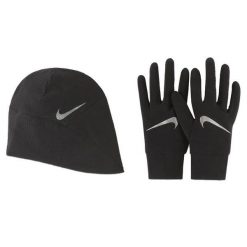 Komplet męski do biegania czapka i rękawiczki Nike Men's Hat and Glove Set. Czarne czapki zimowe Nike, bez wzorów. Za 269.99 zł.