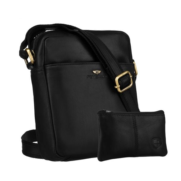 Klasyczna, czarna torba-listonoszka ze skóry naturalnej z etui na klucze w zestawie PTN 720E-OPU Peterson. Czarne torby na ramię Peterson, bez wzorów, ze skóry, na ramię, bez dodatków. Za 166.99 zł.