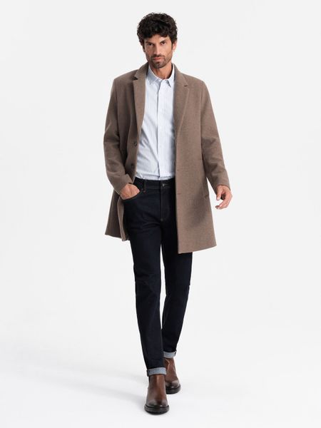 Elegancki jednorzędowy męski płaszcz z wełną – brązowy V1 - Rozmiar: XL. Brązowe płaszcze Ombre Clothing, na zimę, m, bez wzorów, z poliesteru, eleganckie, bez kaptura. Za 619.99 zł.