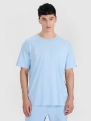 4F T-shirt oversize z nadrukiem męski - niebieski M. Niebieskie t-shirty 4F, m, bez wzorów, z bawełny, bez kołnierzyka, bez ramiączek. W wyprzedaży za 59.99 zł.