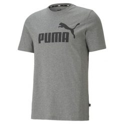Męska koszulka z logo Essentials PUMA Medium Gray Heather. Szare t-shirty sportowe Puma, bez wzorów, bez ramiączek, na jogę i pilates. W wyprzedaży za 94.60 zł.