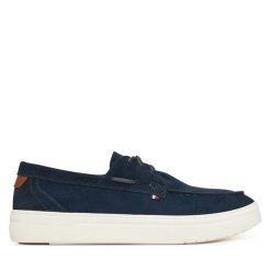 Półbuty Tommy Hilfiger. Niebieskie eleganckie półbuty Tommy Hilfiger, bez wzorów, bez obcasa, bez zapięcia. Za 359.99 zł.