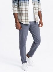 Spodnie męskie jeansowe bez przetarć SLIM FIT - granatowe V4 OM-PADP-0148 - XL. Niebieskie spodnie materiałowe Ombre Clothing, na co dzień, m, bez wzorów, z bawełny, casualowe. W wyprzedaży za 89.99 zł.