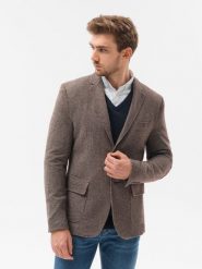 Marynarka męska casual - brązowa V3. Brązowe garnitury Ombre Clothing, na co dzień, l, bez wzorów, z bawełny, casualowe. W wyprzedaży za 119.99 zł.