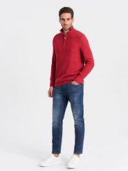 Męski dzianinowy sweter z rozpinaną stójką - czerwony V8 OM-SWZS-0105 - XXL. Czerwone swetry nierozpinane Ombre Clothing, l, bez wzorów, z bawełny, bez kołnierzyka, bez ramiączek. W wyprzedaży za 89.99 zł.