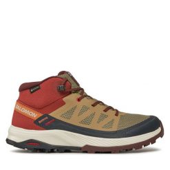 Trekkingi Salomon. Brązowe botki sznurowane Salomon, bez wzorów, bez obcasa, bez zapięcia. Za 439.99 zł.