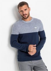 Sweter z gładkiej dzianiny we wzór colourblocking, z bawełną. Niebieskie swetry nierozpinane bonprix, l, bez wzorów, z bawełny, bez kołnierzyka, bez ramiączek. Za 104.99 zł.