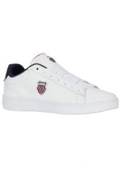 Buty - sneakersy - męskie - K-Swiss - Court Shield II - biało-granatowo-czerwone. Białe buty turystyczne K-SWISS, bez wzorów, z gumy, bez zapięcia, trekkingowe. Za 240.45 zł.