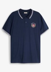 Koszulka polo z krótkim rękawem z czystej bawełny organicznej. Niebieskie koszulki polo bonprix, m, bez wzorów, z bawełny, bez kołnierzyka, bez ramiączek. Za 47.99 zł.