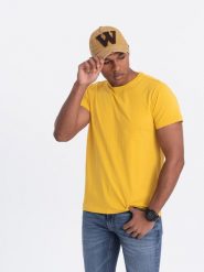 T-shirt męski klasyczny bawełniany BASIC - musztardowy V8 OM-TSBS-0146 - S. T-shirty Ombre Clothing, m, bez wzorów, z bawełny, bez kołnierzyka, bez ramiączek. W wyprzedaży za 24.99 zł.