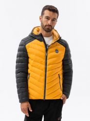 Nylonowa dwukolorowa pikowana kurtka męska w stylu sportowym – musztardowa V3. Kurtki Ombre Clothing, m, z aplikacjami, z materiału, bez kaptura. W wyprzedaży za 79.99 zł.