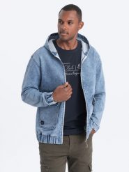 Kurtka jeansowa męska katana z kieszeniami cargo i kapturem – niebieska V3 C558 - XXL. Niebieskie kurtki Ombre Clothing, l, z aplikacjami, z bawełny. W wyprzedaży za 119.99 zł.