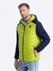 Nylonowa dwukolorowa pikowana kurtka męska w stylu sportowym – limonkowa V4. Kurtki Ombre Clothing, m, z aplikacjami, z materiału, bez kaptura. W wyprzedaży za 79.99 zł.