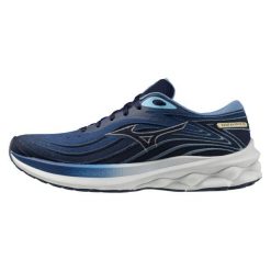 Buty do biegania męskie Mizuno Wave Skyrise 5 Classic Blue. Niebieskie buty do biegania Mizuno, bez wzorów, ze splotem, bez zapięcia, do biegania, mizuno wave. W wyprzedaży za 349.99 zł.
