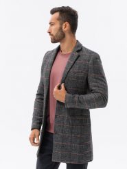 Jednorzędowy płaszcz męski w kratę - czarny V2 C500 - XL. Czarne płaszcze Ombre Clothing, m, bez wzorów, z poliesteru, bez kaptura. W wyprzedaży za 199.99 zł.